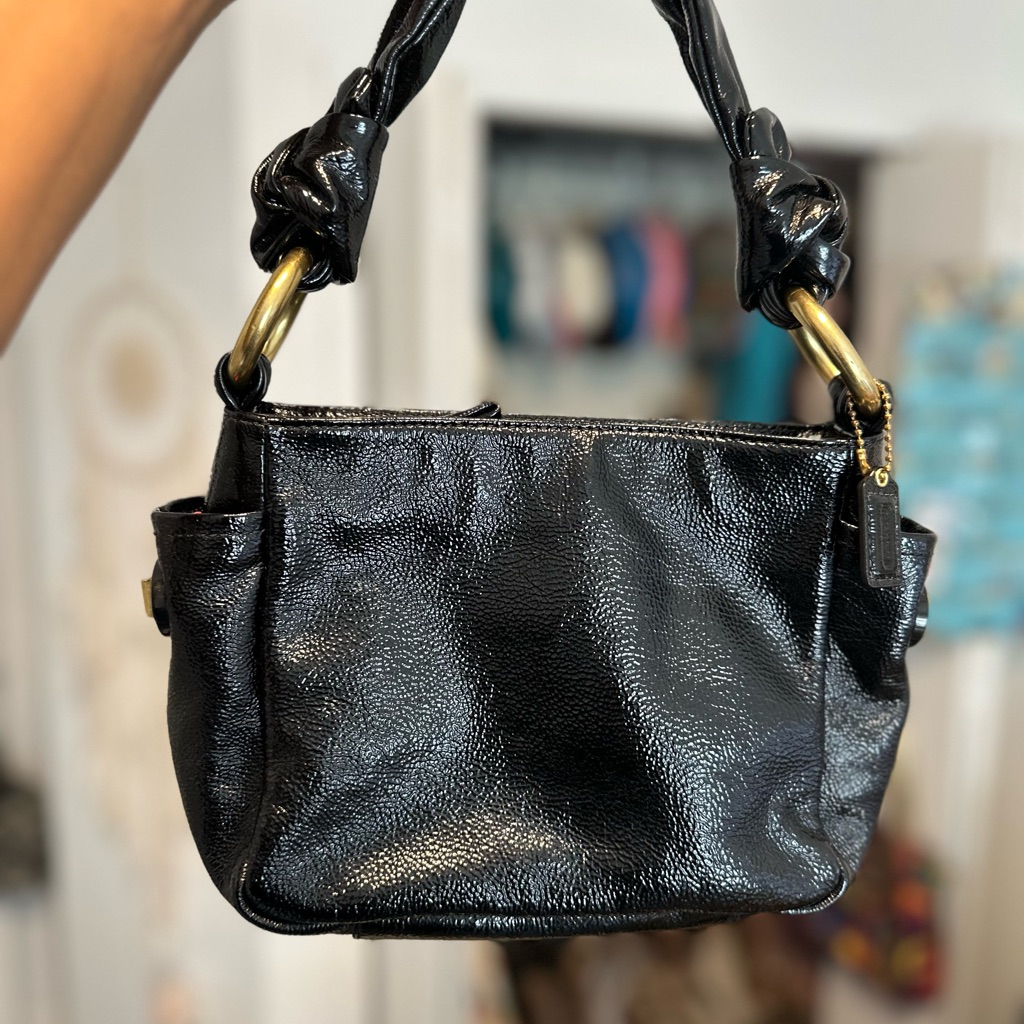 Coach Shiny Black Shoulder Bag With Gold Accents